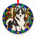 Black and White Yakutian Laika stained glass style porcelain Christmas ornament with red ribbon