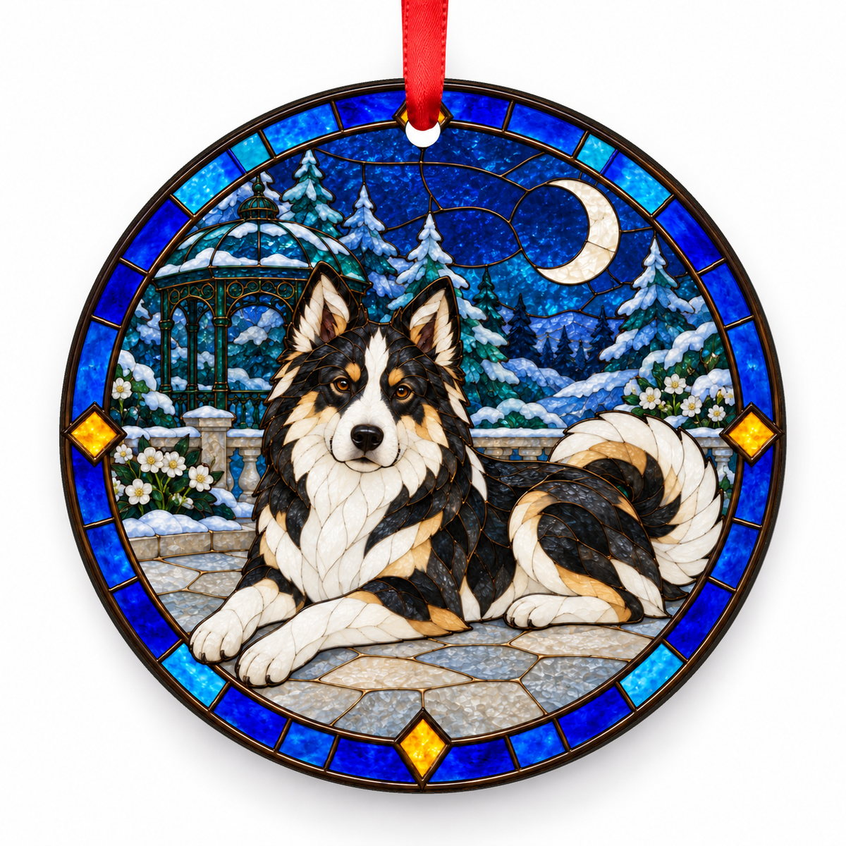 Tricolor Yakutian Laika stained glass style porcelain Christmas ornament with red ribbon