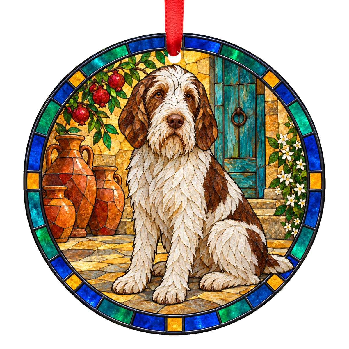 Spinone Italiano White and Brown stained glass style Christmas ornament