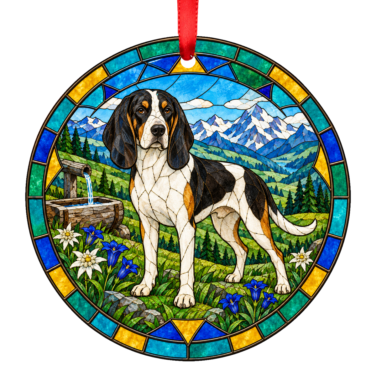 Swiss Hound Tricolor Bernese stained glass ornament