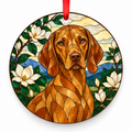 Dark Sandy Gold Vizsla stained glass style porcelain Christmas ornament with red ribbon
