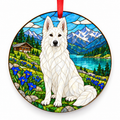 White White Swiss Shepherd Dog stained glass style porcelain Christmas ornament with red ribbon