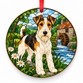 Tricolor Wire Fox Terrier stained glass style porcelain Christmas ornament with red ribbon