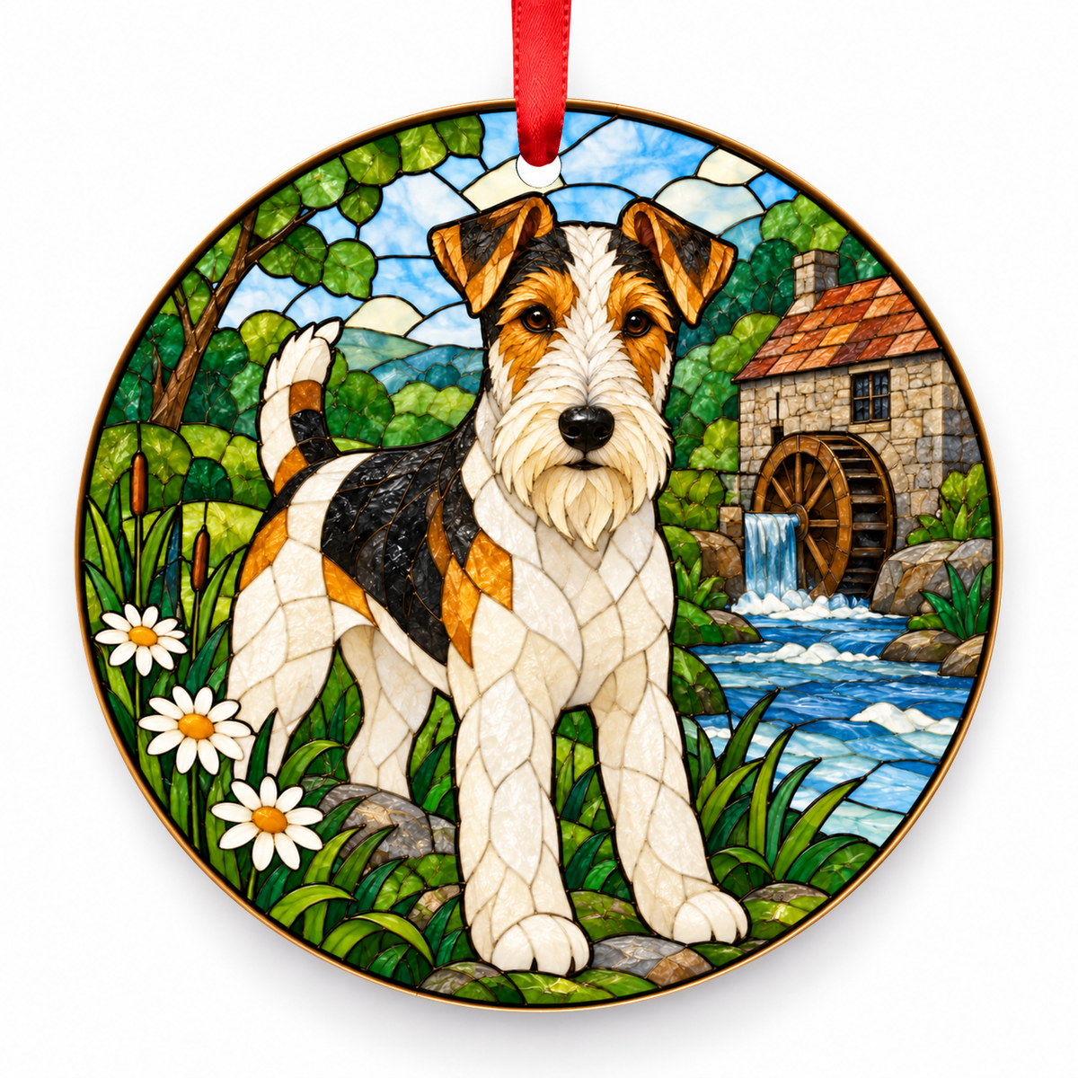 Tricolor Wire Fox Terrier stained glass style porcelain Christmas ornament with red ribbon