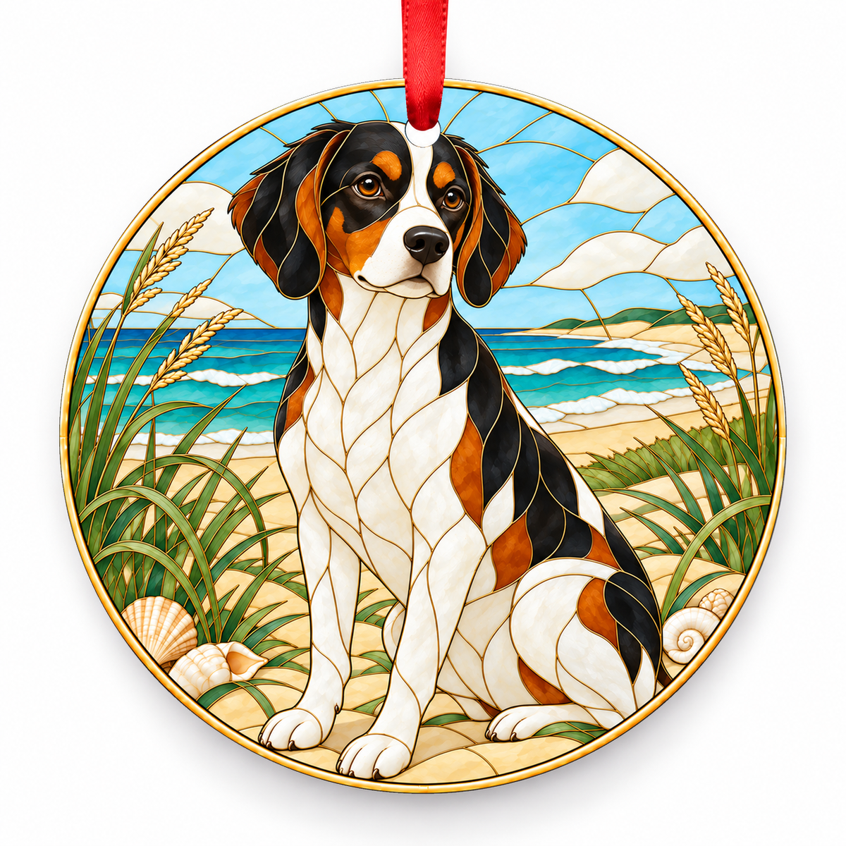 Brittany Tricolor porcelain Christmas ornament with red ribbon — ORN-11548