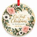 Blush Floral First Christmas as Newlyweds Wedding Christmas Ornament with red hanging ribbon