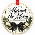 Black Bow Married & Merry Wedding Christmas Ornament with red hanging ribbon