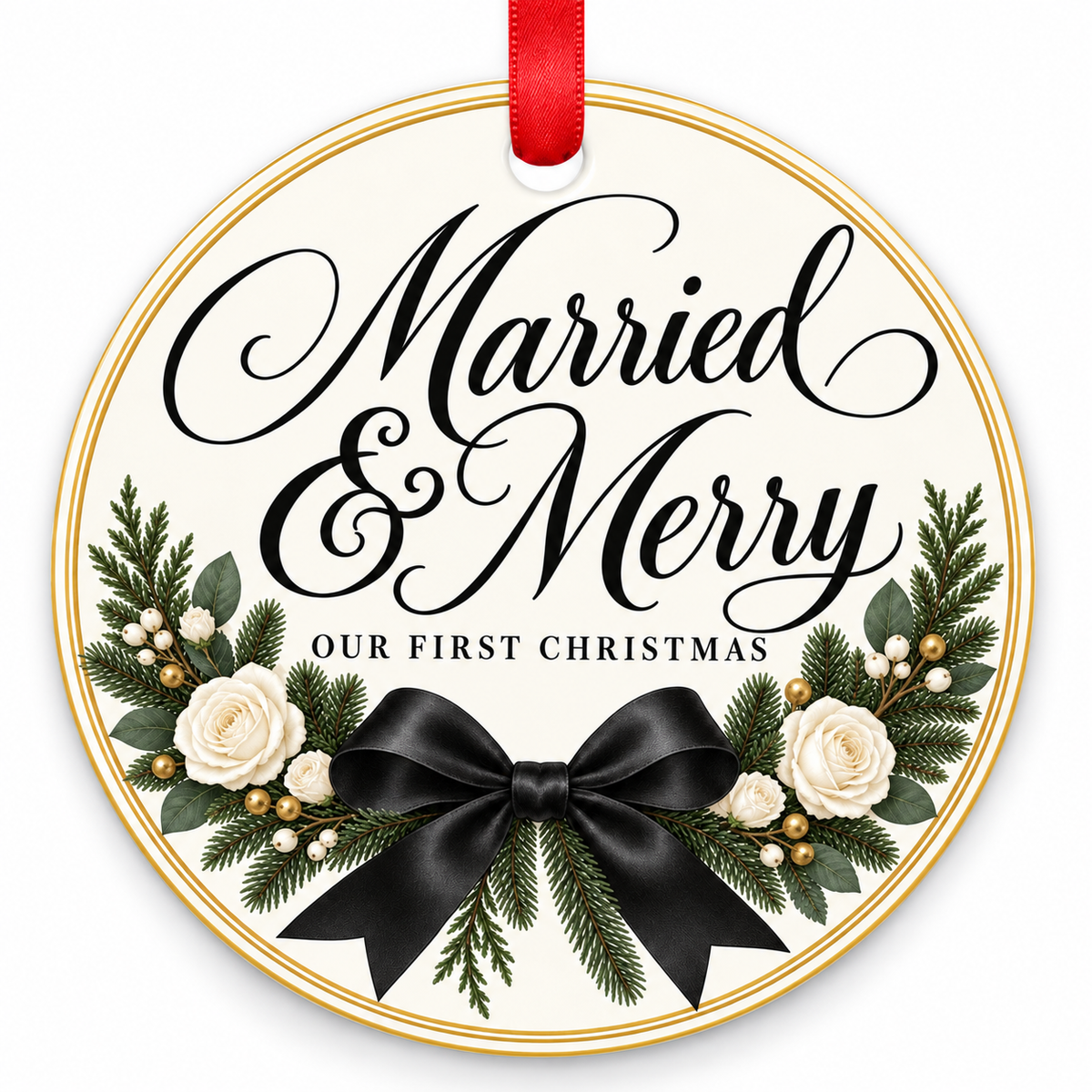 Black Bow Married & Merry Wedding Christmas Ornament with red hanging ribbon