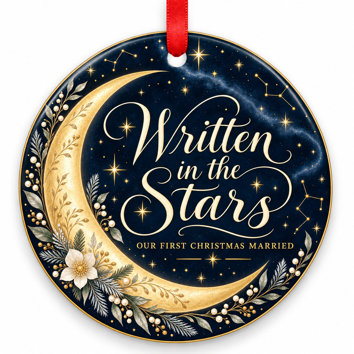 Celestial Written in the Stars Wedding Christmas Ornament with red hanging ribbon