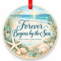 Coastal Forever Begins by the Sea Wedding Christmas Ornament with red hanging ribbon