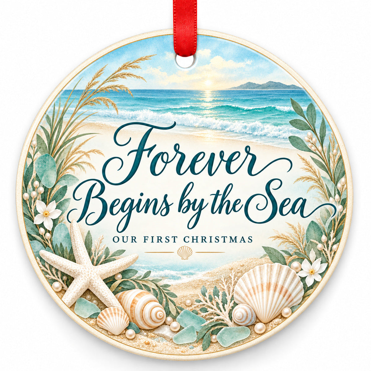 Coastal Forever Begins by the Sea Wedding Christmas Ornament with red hanging ribbon