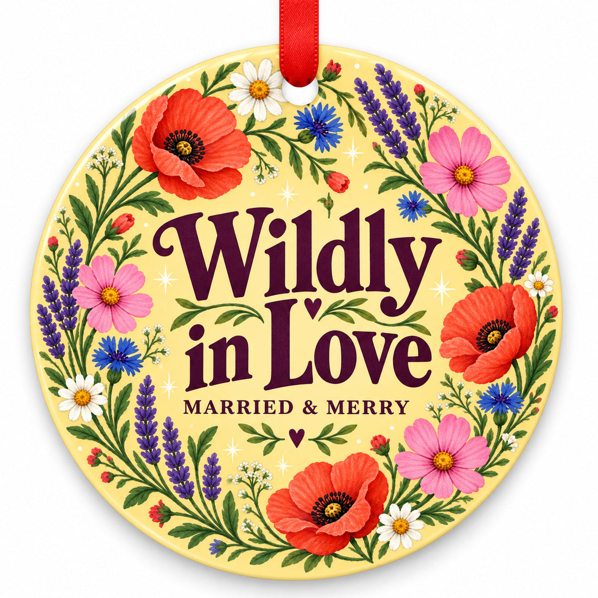 Wildflower Wildly in Love Wedding Christmas Ornament with red hanging ribbon