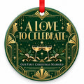 Art Deco A Love to Celebrate Wedding Christmas Ornament with red hanging ribbon