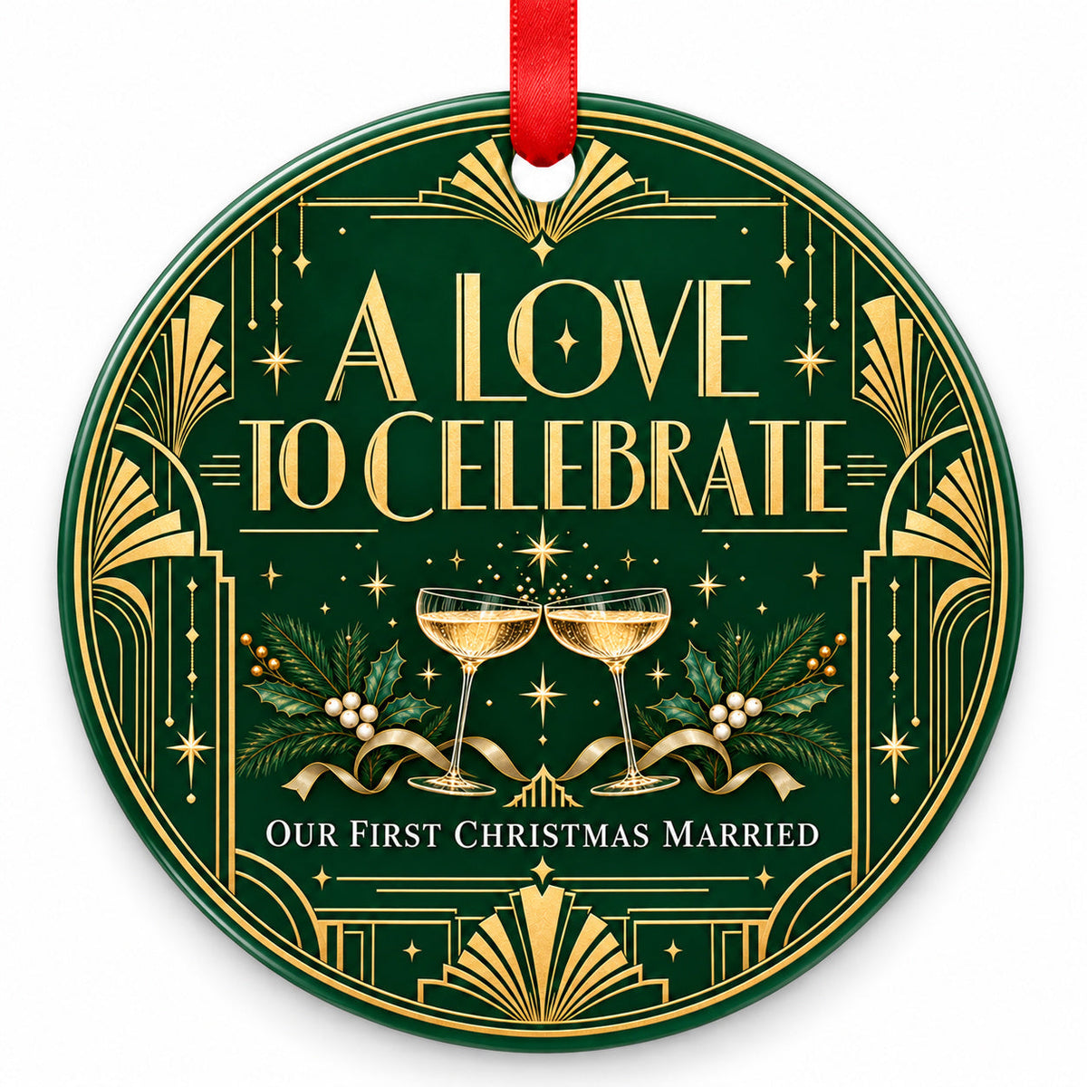 Art Deco A Love to Celebrate Wedding Christmas Ornament with red hanging ribbon