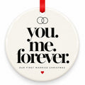 You Me Forever Wedding Christmas Ornament with red hanging ribbon