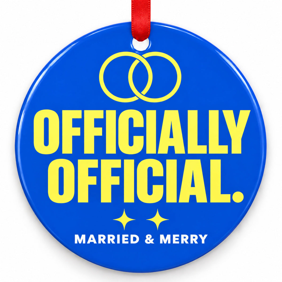 Officially Official Wedding Christmas Ornament with red hanging ribbon