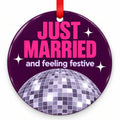 Disco Just Married Wedding Christmas Ornament with red hanging ribbon
