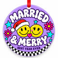 90s Smiley Married & Merry Wedding Christmas Ornament with red hanging ribbon