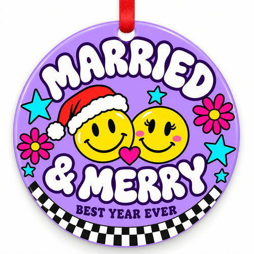 90s Smiley Married & Merry Wedding Christmas Ornament with red hanging ribbon