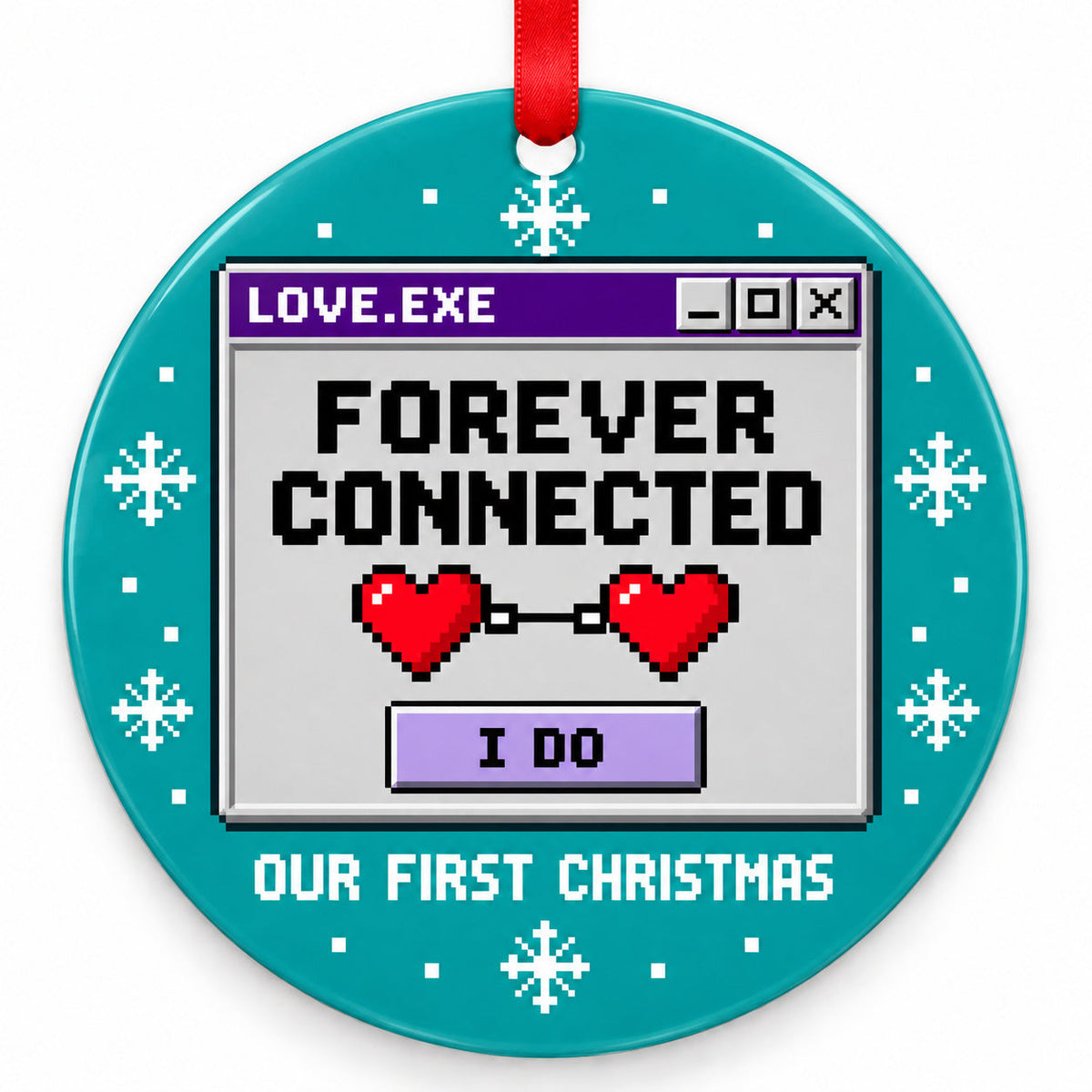 Retro Computer Forever Connected Wedding Christmas Ornament with red hanging ribbon
