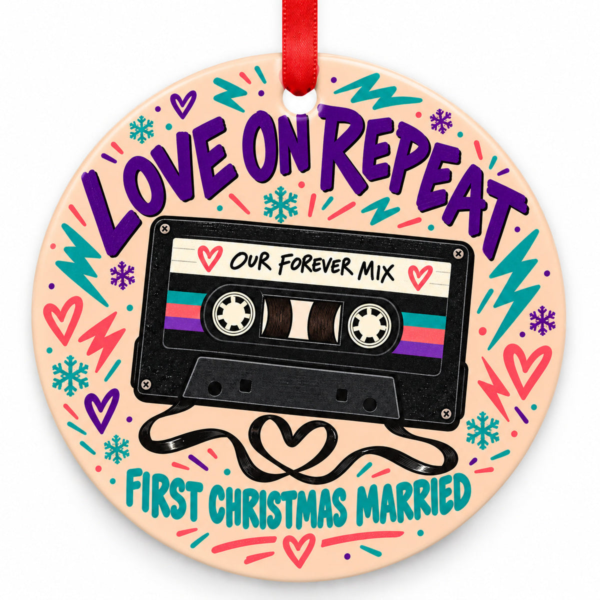 Mixtape Love on Repeat Wedding Christmas Ornament with red hanging ribbon