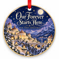 Fairytale Our Forever Starts Here Wedding Christmas Ornament with red hanging ribbon