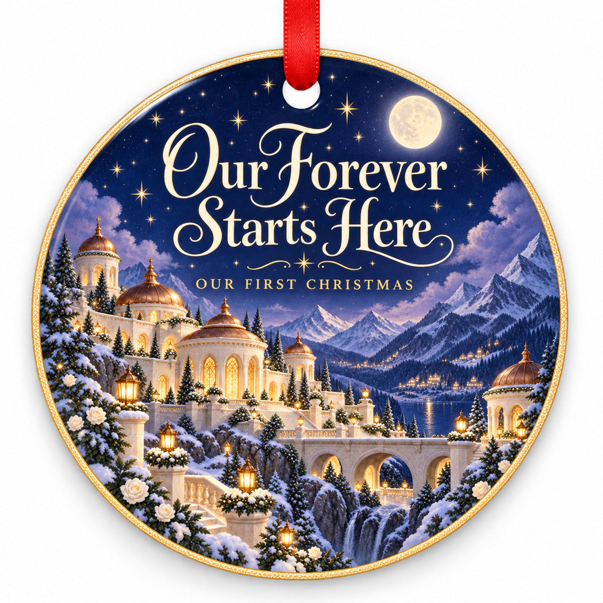 Fairytale Our Forever Starts Here Wedding Christmas Ornament with red hanging ribbon