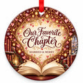 Storybook Our Favorite Chapter Wedding Christmas Ornament with red hanging ribbon