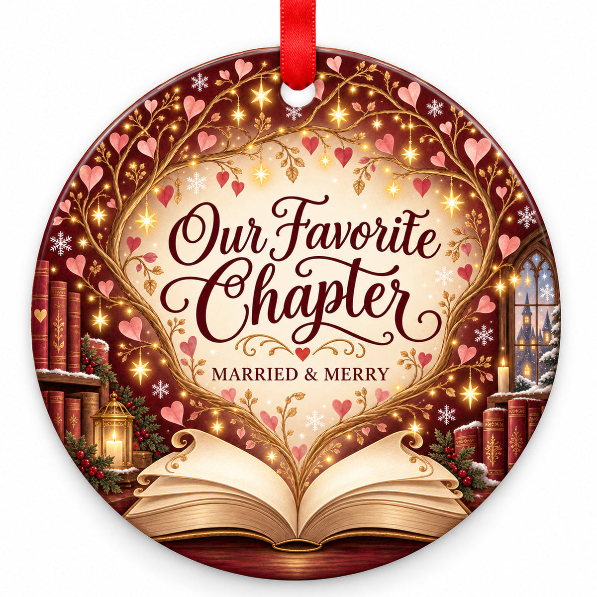 Storybook Our Favorite Chapter Wedding Christmas Ornament with red hanging ribbon
