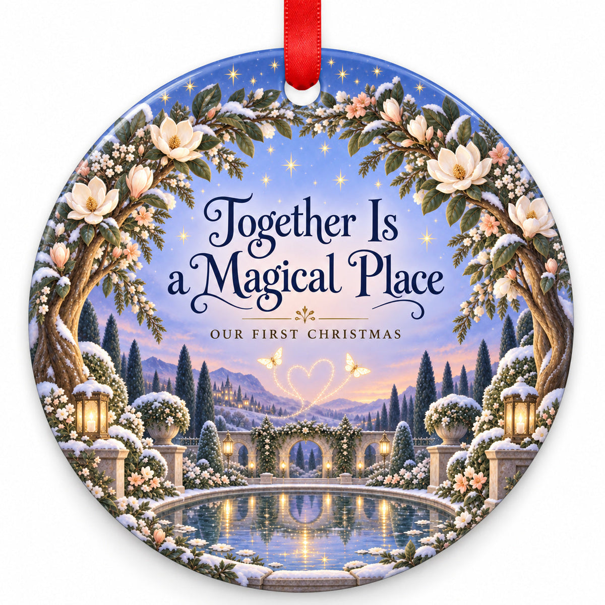 Enchanted Garden Together Is Magic Wedding Christmas Ornament with red hanging ribbon