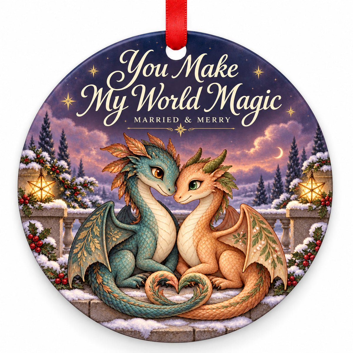 Dragon Couple You Make My World Magic Wedding Christmas Ornament with red hanging ribbon