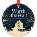 Navy Worth the Wait Wedding Christmas Ornament with red hanging ribbon