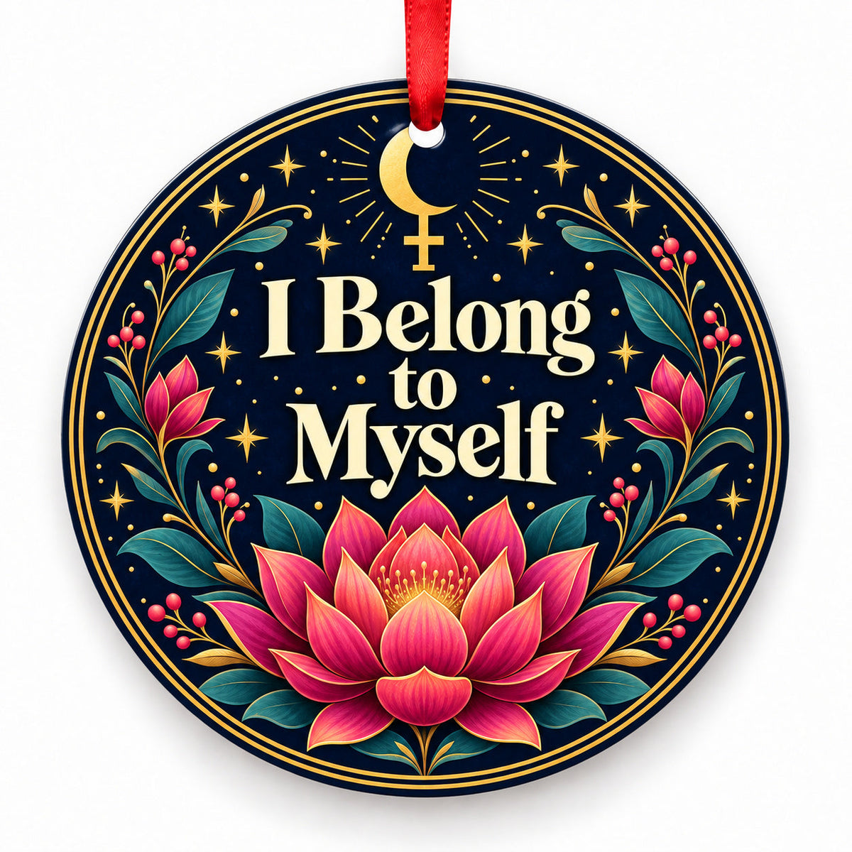 I Belong to Myself lotus and Lilith porcelain Christmas ornament with red ribbon