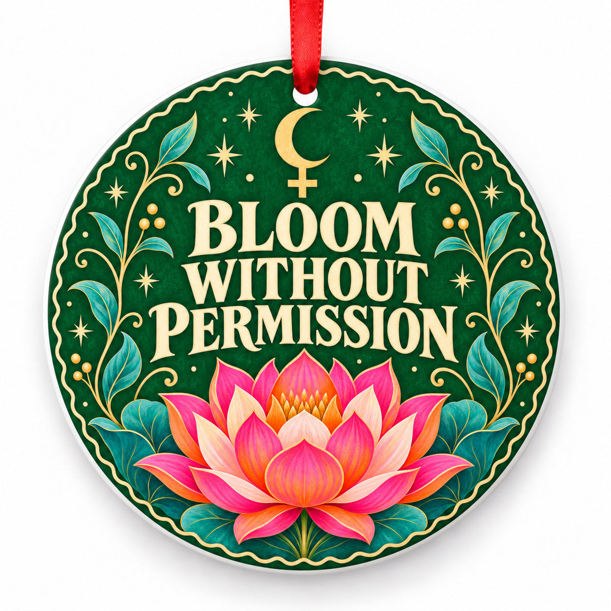 Bloom Without Permission porcelain Christmas ornament with red ribbon