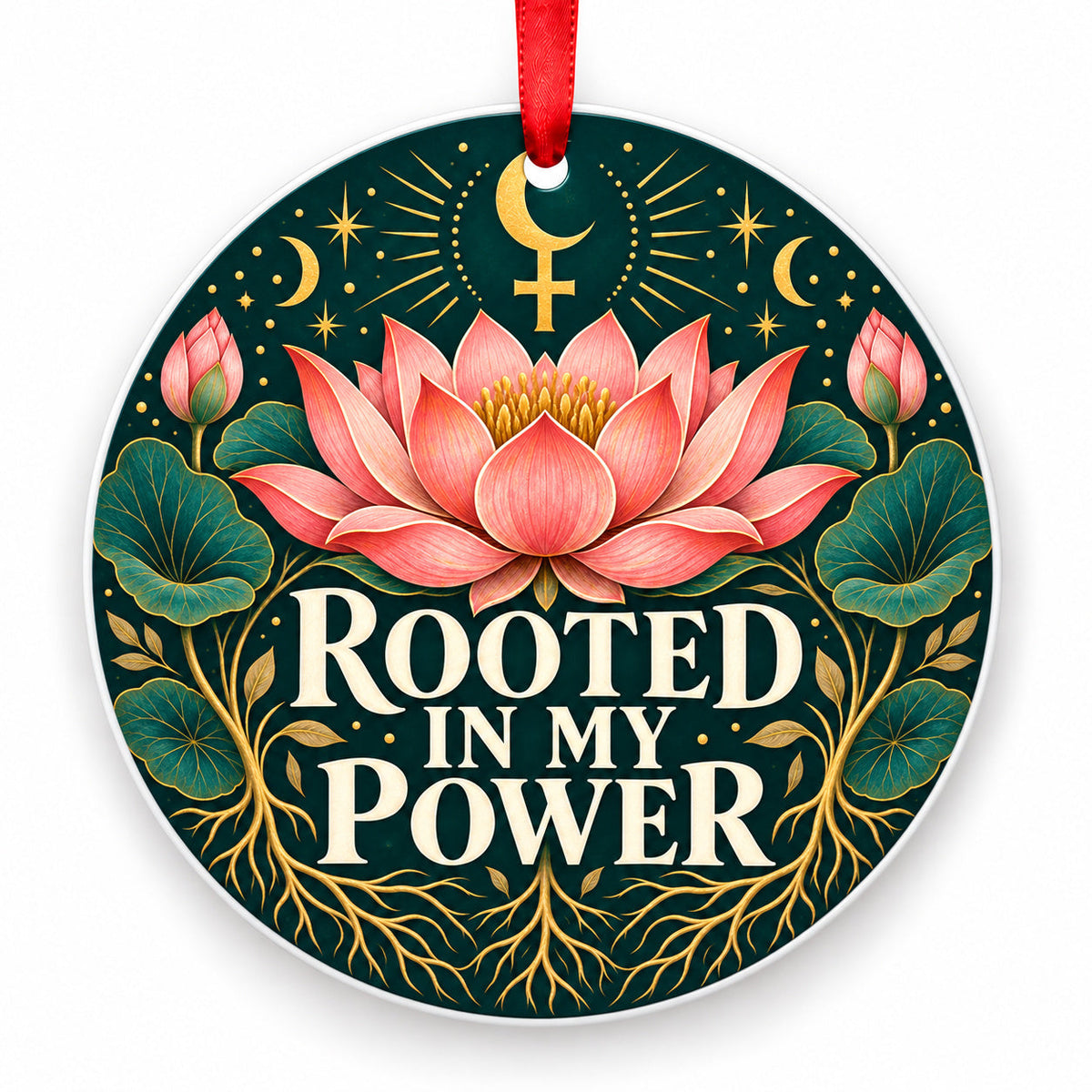 Rooted in My Power porcelain Christmas ornament with red ribbon