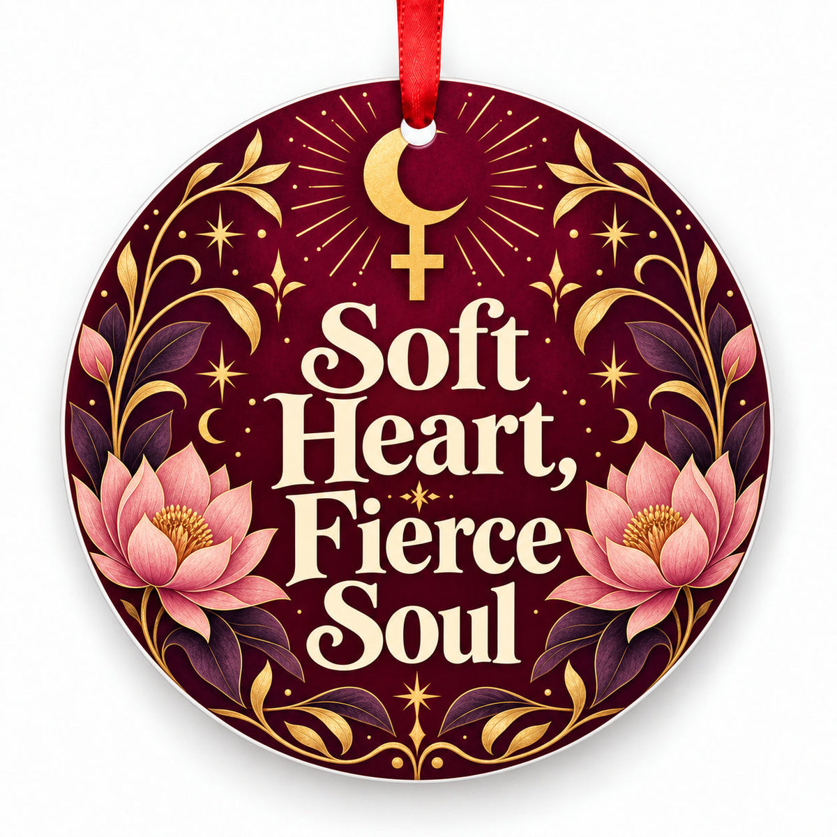 Soft Heart, Fierce Soul porcelain Christmas ornament with red ribbon