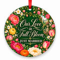 Our Love in Full Bloom porcelain Christmas ornament with red ribbon