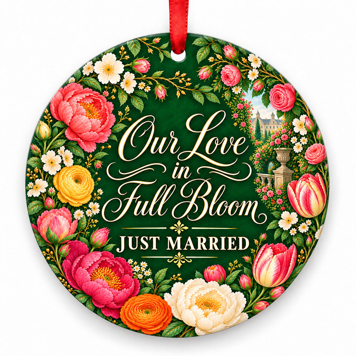 Our Love in Full Bloom porcelain Christmas ornament with red ribbon
