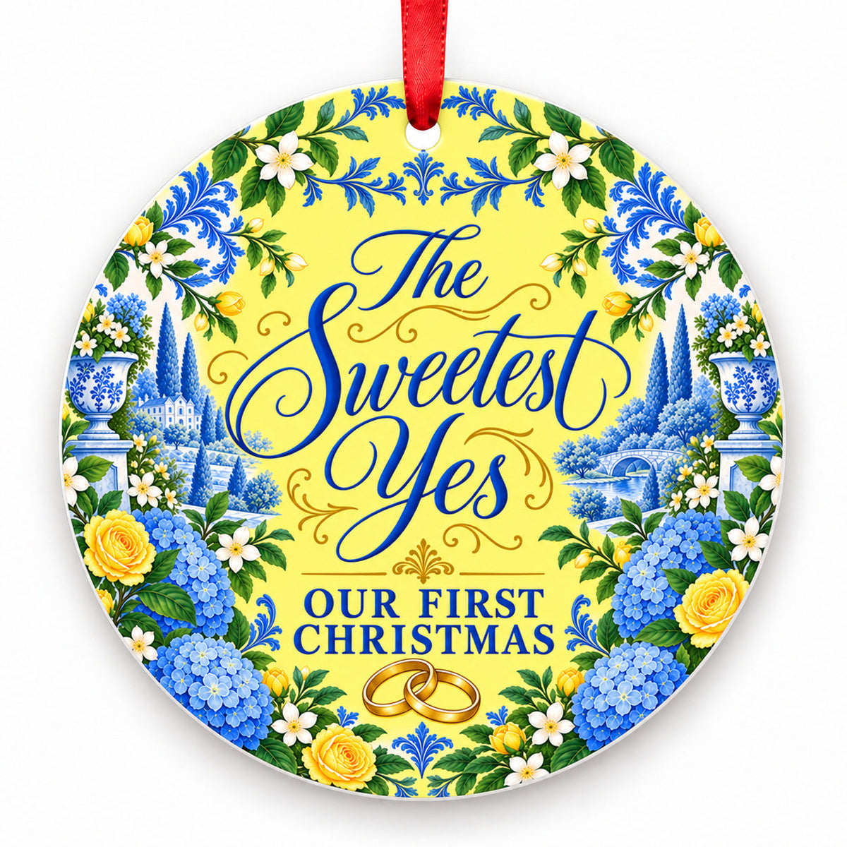 The Sweetest Yes porcelain Christmas ornament with red ribbon