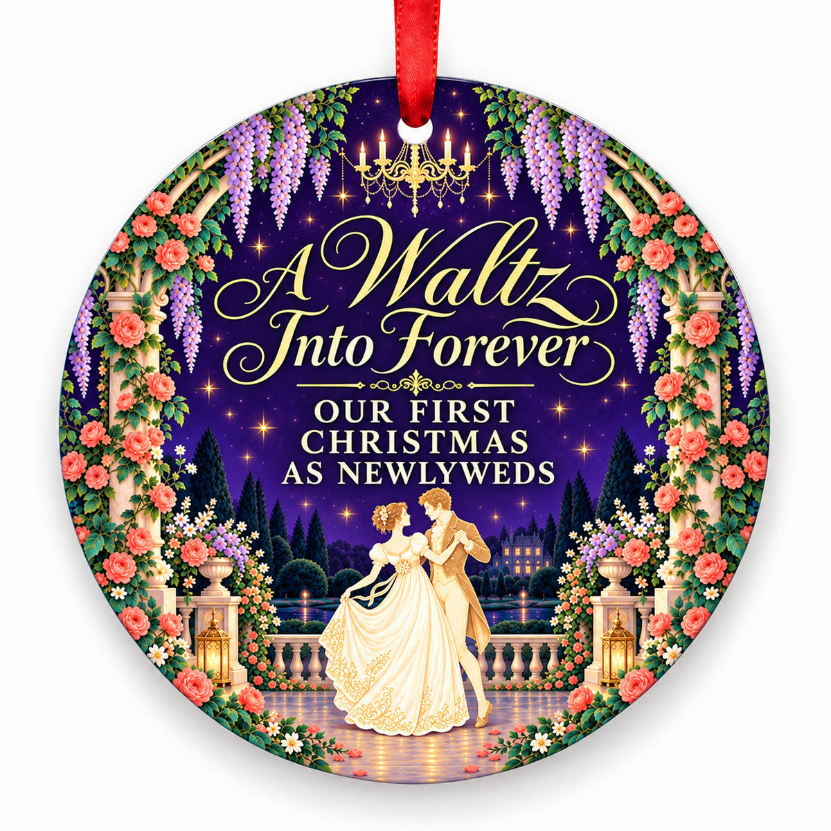 A Waltz Into Forever porcelain Christmas ornament with red ribbon