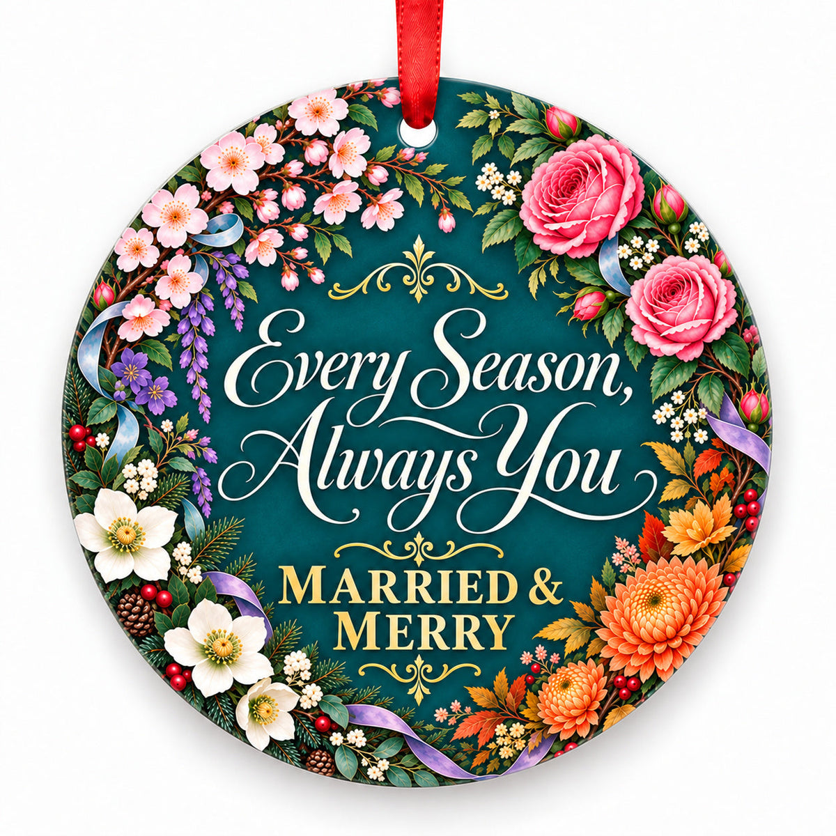 Every Season, Always You porcelain Christmas ornament with red ribbon