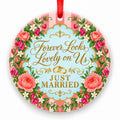 Forever Looks Lovely on Us porcelain Christmas ornament with red ribbon