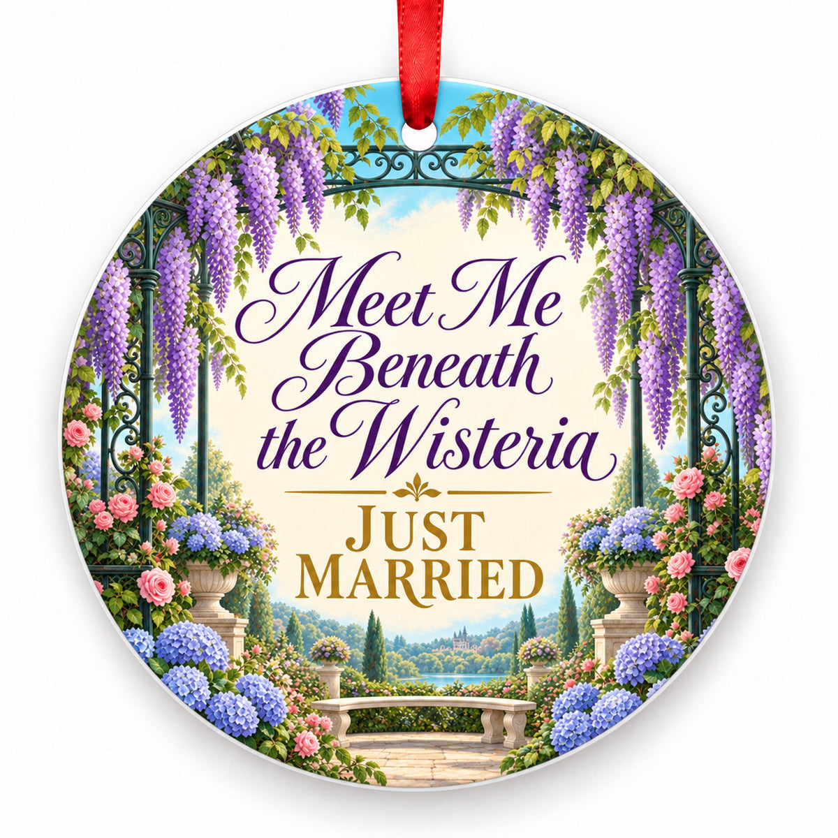 Meet Me Beneath the Wisteria porcelain Christmas ornament with red ribbon