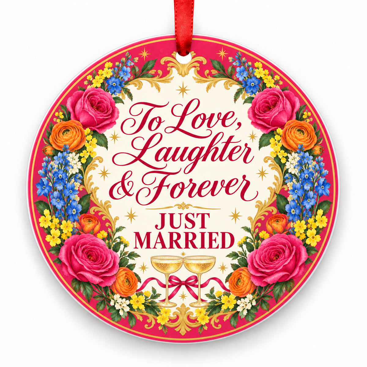 To Love, Laughter & Forever porcelain Christmas ornament with red ribbon