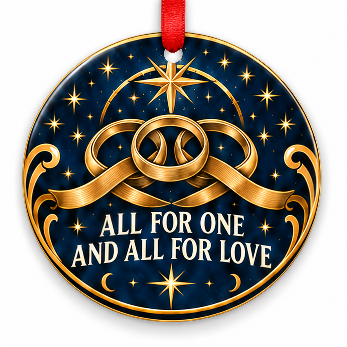 All for One & All for Love Celestial Ribbon Rings Ornament with red hanging ribbon