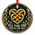 All for One & All for Love Eternal Knot Heart Ornament with red hanging ribbon