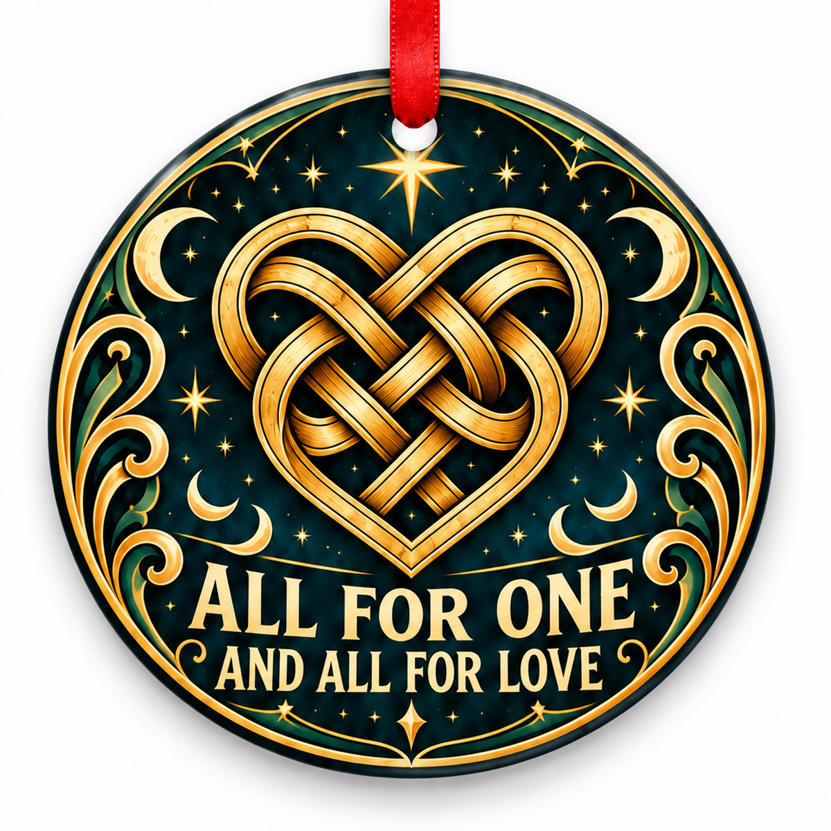 All for One & All for Love Eternal Knot Heart Ornament with red hanging ribbon