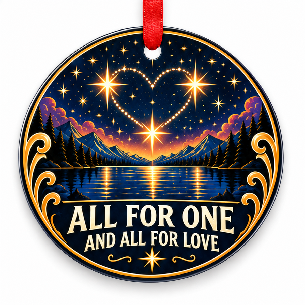 All for One & All for Love Mountain Constellation Ornament with red hanging ribbon