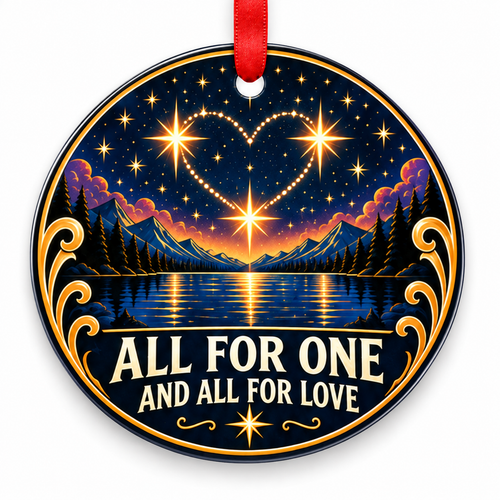 All for One & All for Love Mountain Constellation Ornament with red hanging ribbon