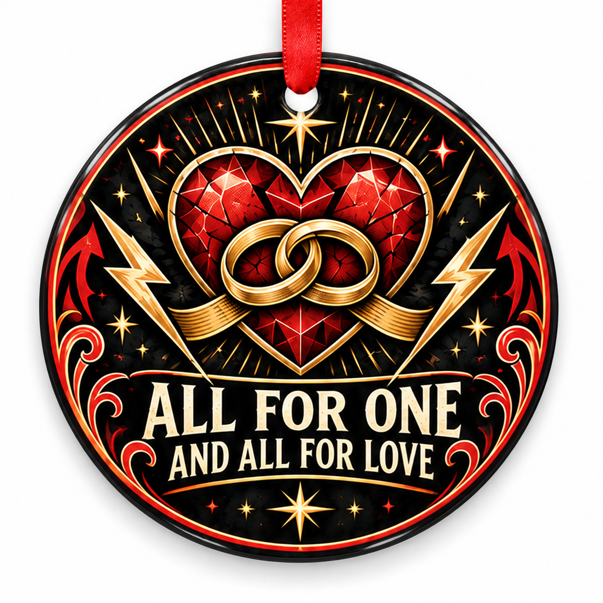 All for One & All for Love Rock Heart Rings Ornament with red hanging ribbon